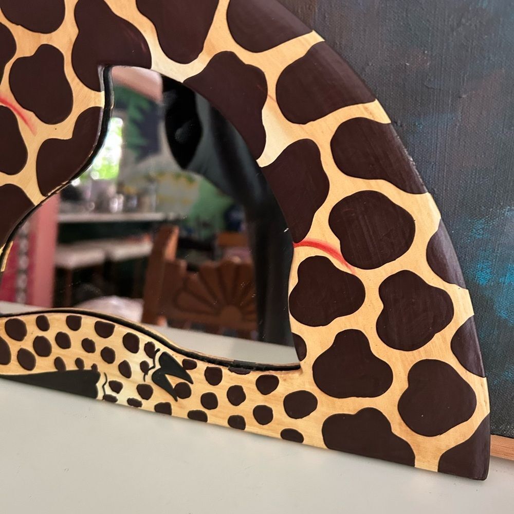 Vintage 90s Giraffe Shaped Wooden Decor Mirror Wall Hanging - Picture 3 of 16
